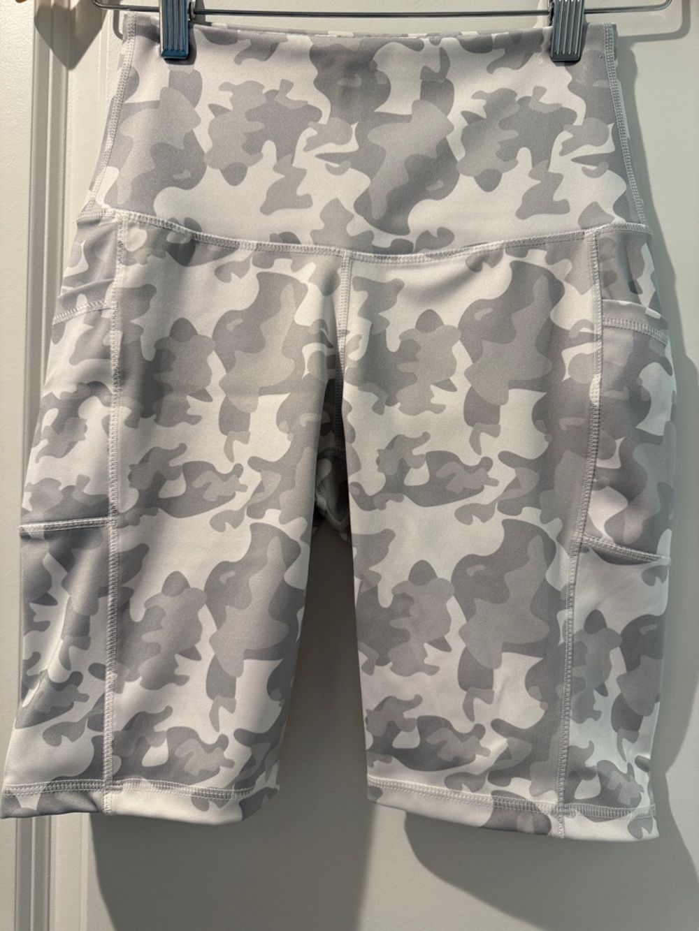 High-Rise Gray Camo Bike Shorts with Side Pockets